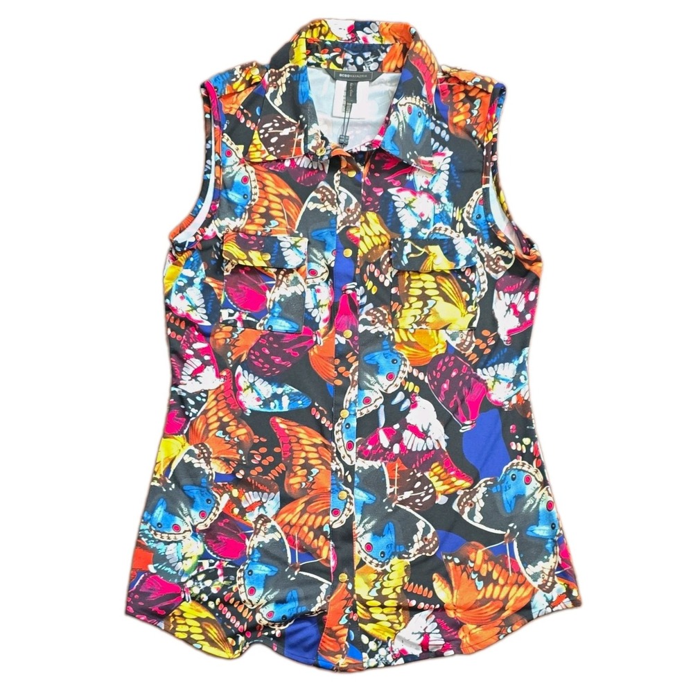 BCBGMAXAZRIA Butterfly Print Sleeveless Tunic Button Down Blouse Top NWT M